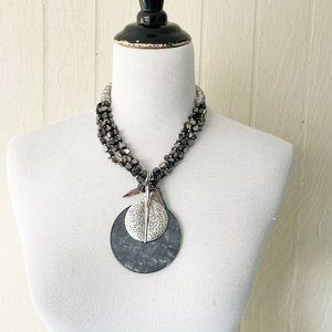 Boho Shell Bead Necklace Silver Tone Medallion Oversized Statement Adjustable